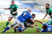 27 February 2021; Jonathan Sexton of Ireland is tackled by Marco Lazzaroni and Paolo Garbisi of Italy during the Guinness Six Nations Rugby Championship match between Italy and Ireland at Stadio Olimpico in Rome, Italy. Photo by Roberto Bregani/Sportsfile