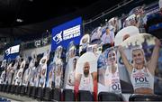 3 March 2021; Cardboard cut-outs featuring Polish athletes pictured in Arena Torun ahead of the European Indoor Athletics Championships at Arena Torun in Torun, Poland. Photo by Sam Barnes/Sportsfile