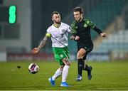 3 March 2021; Adam Wells of Shamrock Rovers in action against Daniel Blackbyrne of Cabinteely during the pre-season friendly match between Shamrock Rovers and Cabinteely at Tallaght Stadium in Dublin. Photo by Seb Daly/Sportsfile