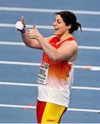 4 March 2021; María Belén Toimil of Spain celebrates a national record in the Women's Shot Put Qualifying round during the European Indoor Athletics Championships at Arena Torun in Torun, Poland. Photo by Sam Barnes/Sportsfile