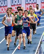 4 March 2021; Jakob Ingebrigtsen of Norway, leads Neil Gourley of Great Britain and Luke McCann of Ireland in their heat of the Men's 1500m during the European Indoor Athletics Championships at Arena Torun in Torun, Poland. Photo by Sam Barnes/Sportsfile