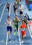 4 March 2021; Andrew Coscoran of Ireland finishes third in his heat of the Men's 1500m behind winner Ignacio Fontes of Spain and Piers Copeland of Great Britain and ahead of István Szögi of Hungary during the European Indoor Athletics Championships at Arena Torun in Torun, Poland. Photo by Sam Barnes/Sportsfile