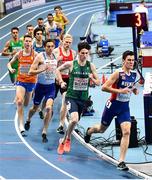 4 March 2021; Jakob Ingebrigtsen of Norway leads Luke McCann of Ireland in their heat of the Men's 1500m during the European Indoor Athletics Championships at Arena Torun in Torun, Poland. Photo by Sam Barnes/Sportsfile