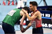 4 March 2021; Luke McCann of Ireland, left, and Jan Friš of Czech Republic after finishing their heat of the Men's 1500m during the European Indoor Athletics Championships at Arena Torun in Torun, Poland. Photo by Sam Barnes/Sportsfile