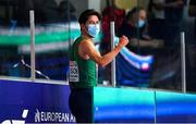 4 March 2021; Paul Robinson of Ireland celebrates qualifying for the next round after finishing third in his heat of the Men's 1500m during the European Indoor Athletics Championships at Arena Torun in Torun, Poland. Photo by Sam Barnes/Sportsfile