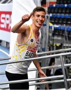 4 March 2021; Stijn Baeten of Belgium celebrates after his heat of the Men's 1500m during the European Indoor Athletics Championships at Arena Torun in Torun, Poland. Photo by Sam Barnes/Sportsfile