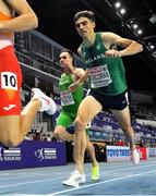 4 March 2021; Andrew Coscoran of Ireland finishes third in his heat of the Men's 1500m behind winner Ignacio Fontes of Spain and Piers Copeland of Great Britain and ahead of István Szögi of Hungary during the European Indoor Athletics Championships at Arena Torun in Torun, Poland. Photo by Sam Barnes/Sportsfile