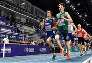 4 March 2021; Jakob Ingebrigtsen of Norway leads Luke McCann of Ireland in their heat of the Men's 1500m during the European Indoor Athletics Championships at Arena Torun in Torun, Poland. Photo by Sam Barnes/Sportsfile