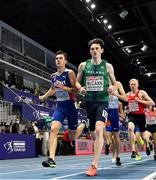 4 March 2021; Luke McCann of Ireland leads Jakob Ingebrigtsen of Norway in their heat of the Men's 1500m during the European Indoor Athletics Championships at Arena Torun in Torun, Poland. Photo by Sam Barnes/Sportsfile