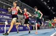 4 March 2021; Luke McCann of Ireland crosses the finish line behind Jan Friš of Czech Republic and Andreas Holst Lindgreen of Denmark in their heat of the Men's 1500m during the European Indoor Athletics Championships at Arena Torun in Torun, Poland. Photo by Sam Barnes/Sportsfile