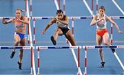 5 March 2021; Nafissatou Thiam of Belgium, centre, leads Nadine Broersen of Netherlands, left, and Adrianna Sulek of Poland in the 60m Hurdles of the Women's Pentathlon during the first session on day one of the European Indoor Athletics Championships at Arena Torun in Torun, Poland. Photo by Sam Barnes/Sportsfile