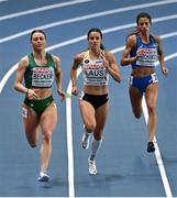 5 March 2021; Sophie Becker of Ireland, left, Camille Laus of Belgium and Eleonora Marchiando of Italy compete in their heat of the Women's 400m during the first session on day one of the European Indoor Athletics Championships at Arena Torun in Torun, Poland. Photo by Sam Barnes/Sportsfile