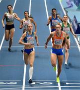 5 March 2021; Sophie Becker of Ireland on her way to finishing third behind Anna Ryzhykova of Ukraine and Lieke Klaver of Netherlands in their heat of the Women's 400m during the first session on day one of the European Indoor Athletics Championships at Arena Torun in Torun, Poland. Photo by Sam Barnes/Sportsfile