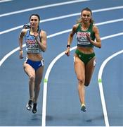 5 March 2021; Sharlene Mawdsley of Ireland, right, and Anastasiya Bryzhina of Ukraine compete in the Women's 400m heats during the first session on day one of the European Indoor Athletics Championships at Arena Torun in Torun, Poland. Photo by Sam Barnes/Sportsfile