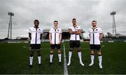 5 March 2021; Dundalk players, from left, Junior, Raivis Jurkovskis, Sonni Nattestad and Michael Duffy at the launch of the Dundalk home kit for the 2021 season at Oriel Park in Dundalk, Louth. Photo by Stephen McCarthy/Sportsfile