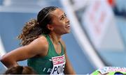 5 March 2021; Nadia Power of Ireland checks her time after her heat of the Women's 800m during the first session on day one of the European Indoor Athletics Championships at Arena Torun in Torun, Poland. Photo by Sam Barnes/Sportsfile