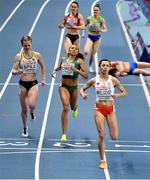 5 March 2021; Nadia Power of Ireland, centre, crosses the line in second ahead of Tanja Spill of Germany, left, and Anna Wielgosz of Poland in the Women's 800m heats during the first session on day one of the European Indoor Athletics Championships at Arena Torun in Torun, Poland. Photo by Sam Barnes/Sportsfile