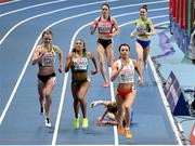 5 March 2021; Britt Ummels of Netherlands falls on the finishing straight while trailing Nadia Power of Ireland, Tanja Spill of Germany and Anna Wielgosz of Poland in the Women's 800m heats during the first session on day one of the European Indoor Athletics Championships at Arena Torun in Torun, Poland. Photo by Sam Barnes/Sportsfile