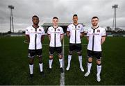 5 March 2021; Dundalk players, from left, Junior, Raivis Jurkovskis, Sonni Nattestad and Michael Duffy at the launch of the Dundalk home kit for the 2021 season at Oriel Park in Dundalk, Louth. Photo by Stephen McCarthy/Sportsfile