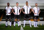 5 March 2021; Dundalk players, from left, Junior, Raivis Jurkovskis, Sonni Nattestad and Michael Duffy at the launch of the Dundalk home kit for the 2021 season at Oriel Park in Dundalk, Louth. Photo by Stephen McCarthy/Sportsfile