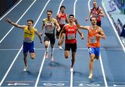 5 March 2021; Jochem Dobber of Netherlands on his way to winning his semi-final of the Men's 400m ahead of Carl Bengtström of Sweden, left, and Ricky Petrucciani of Switzerland during the second session on day one of the European Indoor Athletics Championships at Arena Torun in Torun, Poland. Photo by Sam Barnes/Sportsfile