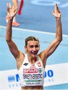 5 March 2021; Justyna Swiety-Ersetic of Poland celebrates after winning her semi-final of the Women's 400m in a national record during the second session on day one of the European Indoor Athletics Championships at Arena Torun in Torun, Poland. Photo by Sam Barnes/Sportsfile