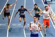 5 March 2021; Marc Reuther of Germany, John Fitzsimons of Ireland, Nasredine Khatir of France and Adam Kszczot of Poland cross the finish line in their heat of the Men's 800m during the second session on day one of the European Indoor Athletics Championships at Arena Torun in Torun, Poland. Photo by Sam Barnes/Sportsfile