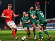 5 March 2021; Matt Healy of Connacht celebrates with Connacht team-mates Caolin Blade, left, and Tiernan O'Halloran after scoring his side's first try during the Guinness PRO14 match between Munster and Connacht at Thomond Park in Limerick. Photo by Ramsey Cardy/Sportsfile