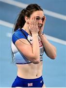 5 March 2021; Emily Borthwick of Great Britain reacts after a clearance in the Women's High Jump qualifying round during the second session on day one of the European Indoor Athletics Championships at Arena Torun in Torun, Poland. Photo by Sam Barnes/Sportsfile