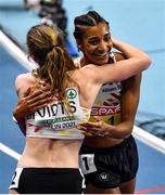 5 March 2021; Nafissatou Thiam, right, and Noor Vidts of Belgium celebrate winning gold and silver respectively in the Women's Pentathlon during the second session on day one of the European Indoor Athletics Championships at Arena Torun in Torun, Poland. Photo by Sam Barnes/Sportsfile