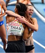 5 March 2021; Nafissatou Thiam, left, and Noor Vidts of Belgium celebrate winning gold and silver respectively in the Women's Pentathlon during the second session on day one of the European Indoor Athletics Championships at Arena Torun in Torun, Poland. Photo by Sam Barnes/Sportsfile
