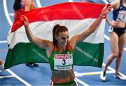 5 March 2021; Xénia Krizsán of Hungary celebrates winning bronze in the Women's Pentathlon during the second session on day one of the European Indoor Athletics Championships at Arena Torun in Torun, Poland. Photo by Sam Barnes/Sportsfile