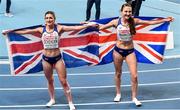 5 March 2021; Verity Ockenden, left, and Amy-Eloise Markovc of Great Britain celebrate after winning bronze and gold respectively in the Women's 3000m Final during the second session on day one of the European Indoor Athletics Championships at Arena Torun in Torun, Poland. Photo by Sam Barnes/Sportsfile