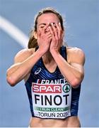 5 March 2021; Alice Finot of France celebrates winning silver in the Women's 3000m Final during the second session on day one of the European Indoor Athletics Championships at Arena Torun in Torun, Poland. Photo by Sam Barnes/Sportsfile