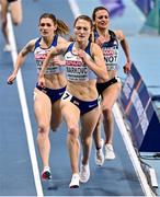 5 March 2021; Amy-Eloise Markovc of Great Britain on her way to winning gold in the Women's 3000m Final ahead of Verity Ockenden of Great Britain and Alice Finot of France during the second session on day one of the European Indoor Athletics Championships at Arena Torun in Torun, Poland. Photo by Sam Barnes/Sportsfile