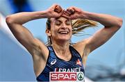 5 March 2021; Alice Finot of France celebrates winning silver in the Women's 3000m Final during the second session on day one of the European Indoor Athletics Championships at Arena Torun in Torun, Poland. Photo by Sam Barnes/Sportsfile