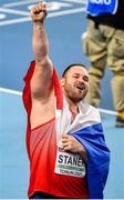 5 March 2021; Tomáš Stanek of Czech Republic celebrates winning gold in the Men's Shot Put during the second session on day one of the European Indoor Athletics Championships at Arena Torun in Torun, Poland. Photo by Sam Barnes/Sportsfile