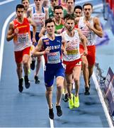 5 March 2021; Jakob Ingebrigtsen of Norway, later disqualified and subsequently reinstated on appeal, leads Marcin Lewandowski of Poland on his way to winning the Men's 1500m final during the second session on day one of the European Indoor Athletics Championships at Arena Torun in Torun, Poland. Photo by Sam Barnes/Sportsfile