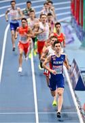 5 March 2021; Jakob Ingebrigtsen of Norway, later disqualified and subsequently reinstated on appeal,  leads the field on his way to winning the Men's 1500m final during the second session on day one of the European Indoor Athletics Championships at Arena Torun in Torun, Poland. Photo by Sam Barnes/Sportsfile