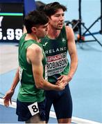 5 March 2021; Andrew Coscoran and Paul Robinson of Ireland after the Men's 1500m final during the second session on day one of the European Indoor Athletics Championships at Arena Torun in Torun, Poland. Photo by Sam Barnes/Sportsfile