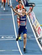 5 March 2021; Jakob Ingebrigtsen of Norway, later disqualified and subsequently reinstated on appeal, celebrates winning the Men's 1500m final during the second session on day one of the European Indoor Athletics Championships at Arena Torun in Torun, Poland. Photo by Sam Barnes/Sportsfile