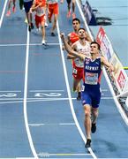 5 March 2021; Jakob Ingebrigtsen of Norway, later disqualified and subsequently reinstated on appeal, celebrates winning the Men's 1500m final during the second session on day one of the European Indoor Athletics Championships at Arena Torun in Torun, Poland. Photo by Sam Barnes/Sportsfile
