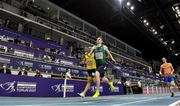 5 March 2021; Mark English of Ireland beats Abedin Mujezinovic Bosnia-Herzegovina to finish third and qualify for the semi-final of the Men's 800m during the second session on day one of the European Indoor Athletics Championships at Arena Torun in Torun, Poland. Photo by Sam Barnes/Sportsfile
