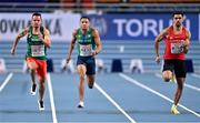 6 March 2021; Denis Dimitrov of Bulgaria, Leon Reid of Ireland and Kojo Musah of Denmark in the Men's 60m heats during the first session on day two of the European Indoor Athletics Championships at Arena Torun in Torun, Poland. Photo by Sam Barnes/Sportsfile