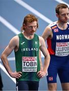 6 March 2021; Séan Tobin of Ireland prior to his heat of the Men's 3000m during the first session on day two of the European Indoor Athletics Championships at Arena Torun in Torun, Poland. Photo by Sam Barnes/Sportsfile