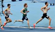6 March 2021; Marcel Fehr of Germany, Séan Tobin of Ireland and Robin Hendrix of Belgium compete in the Men's 3000m heats during the first session on day two of the European Indoor Athletics Championships at Arena Torun in Torun, Poland. Photo by Sam Barnes/Sportsfile