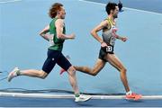 6 March 2021; Séan Tobin of Ireland and Marcel Fehr of Germany compete in the Men's 3000m heats during the first session on day two of the European Indoor Athletics Championships at Arena Torun in Torun, Poland. Photo by Sam Barnes/Sportsfile