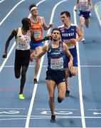 6 March 2021; Isaac Kimeli of Belgium and Jakob Ingebrigtsen of Norway bump fists as they cross the line behind Jimmy Gressier of France in their heat of the Men's 3000m during the first session on day two of the European Indoor Athletics Championships at Arena Torun in Torun, Poland. Photo by Sam Barnes/Sportsfile