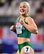 6 March 2021; Sarah Lavin of Ireland reacts after finishing third and setting a personal best in her heat of the Women's 60m Hurdles during the first session on day two of the European Indoor Athletics Championships at Arena Torun in Torun, Poland. Photo by Sam Barnes/Sportsfile