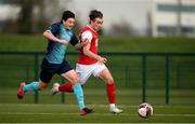 6 March 2021; Matty Smith of St Patrick’s Athletic in action against John Kavanagh of Cobh Ramblers during the Pre-Season Friendly match between St Patrick’s Athletic and Cobh Ramblers at the FAI National Training Centre in Abbotstown, Dublin. Photo by Matt Browne/Sportsfile